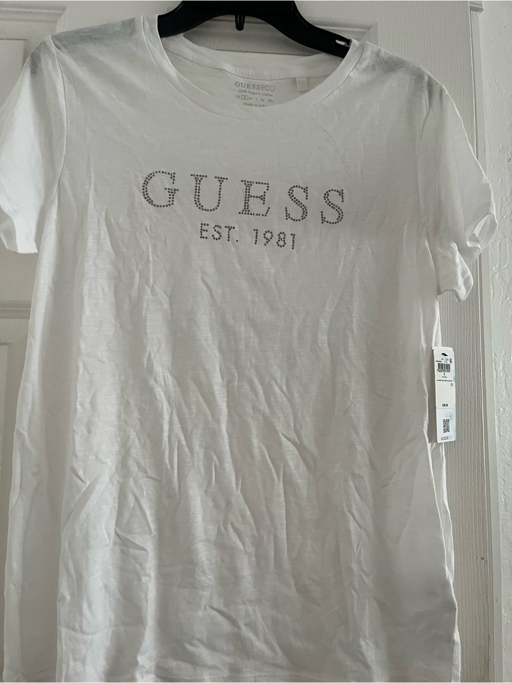 Guess White Short Sleeve Tee with Rhinestone Logo